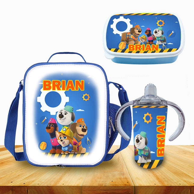 Custom School Kids Bundle Insulated Lunch Bag Snack Box Sippy Cup Bottle Personalized Toddler Set Pupstruction TV Show