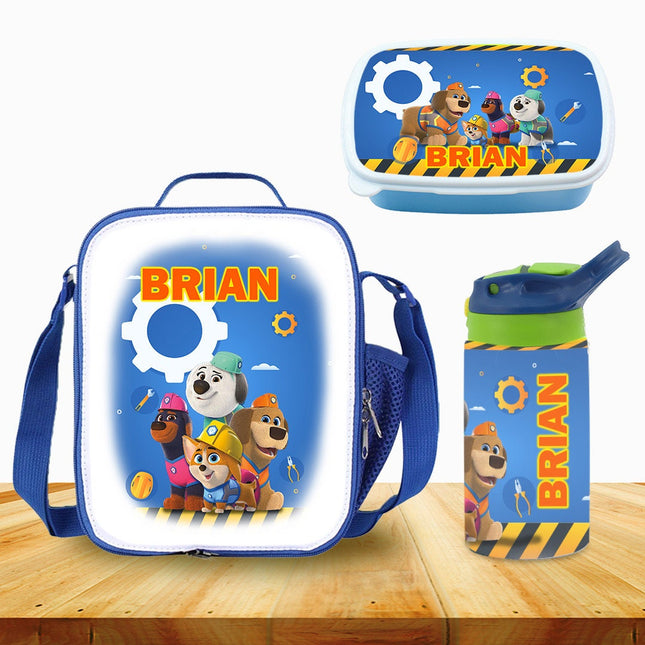 Custom School Kids Bundle Insulated Lunch Bag Snack Box Sippy Cup Bottle Personalized Toddler Set Pupstruction TV Show