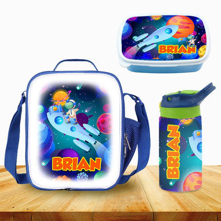 Custom School Kids Bundle Insulated Lunch Bag Snack Box Sippy Cup Bottle Personalized Toddler Set Universe Space Planets