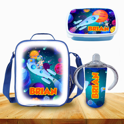 Custom School Kids Bundle Insulated Lunch Bag Snack Box Sippy Cup Bottle Personalized Toddler Set Universe Space Planets