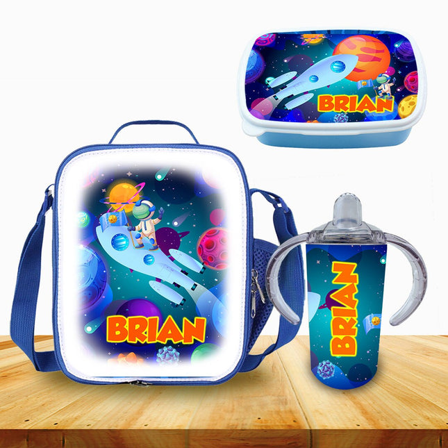 Custom School Kids Bundle Insulated Lunch Bag Snack Box Sippy Cup Bottle Personalized Toddler Set Universe Space Planets