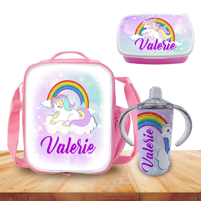 Custom School Kids Bundle Insulated Lunch Bag Snack Box Sippy Cup Bottle Personalized Toddler Set Unicorn Magic Rainbow