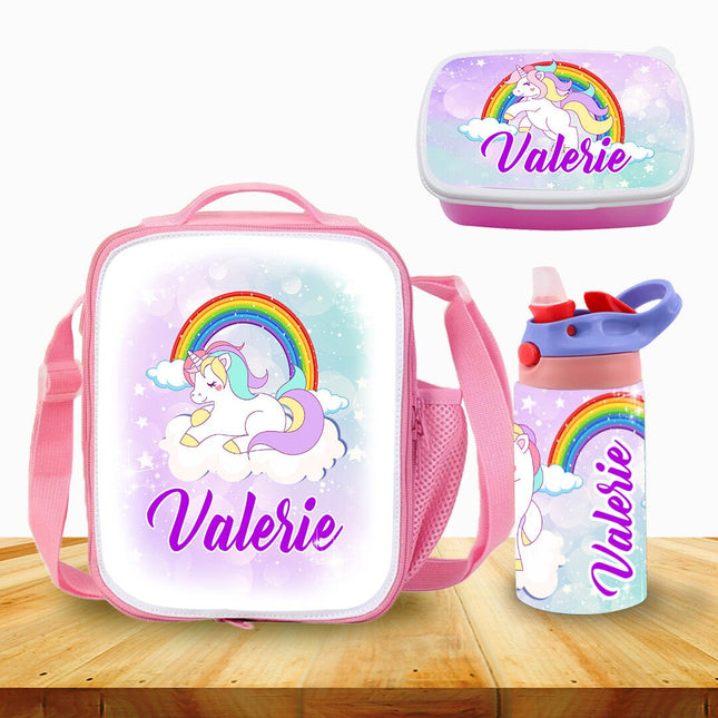 Custom School Kids Bundle Insulated Lunch Bag Snack Box Sippy Cup Bottle Personalized Toddler Set Unicorn Magic Rainbow
