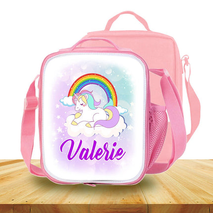 Custom School Kids Bundle Insulated Lunch Bag Snack Box Sippy Cup Bottle Personalized Toddler Set Unicorn Magic Rainbow