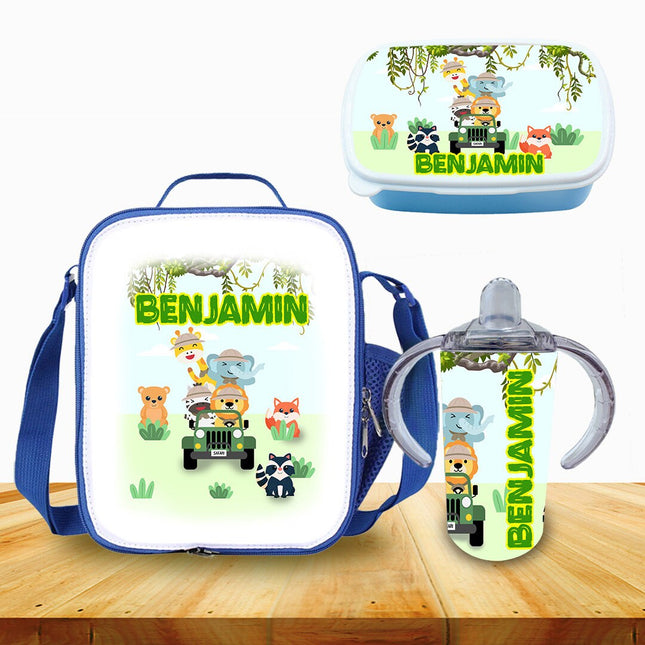 Custom School Kids Bundle Insulated Lunch Bag Snack Box Sippy Cup Bottle Personalized Toddler Set Jungle Baby Safari Animals