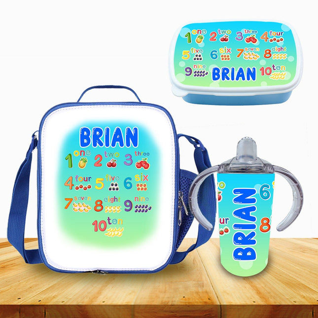 Custom School Kids Bundle Insulated Lunch Bag Snack Box Sippy Cup Bottle Personalized Toddler Set Count Numbers Kinder Math