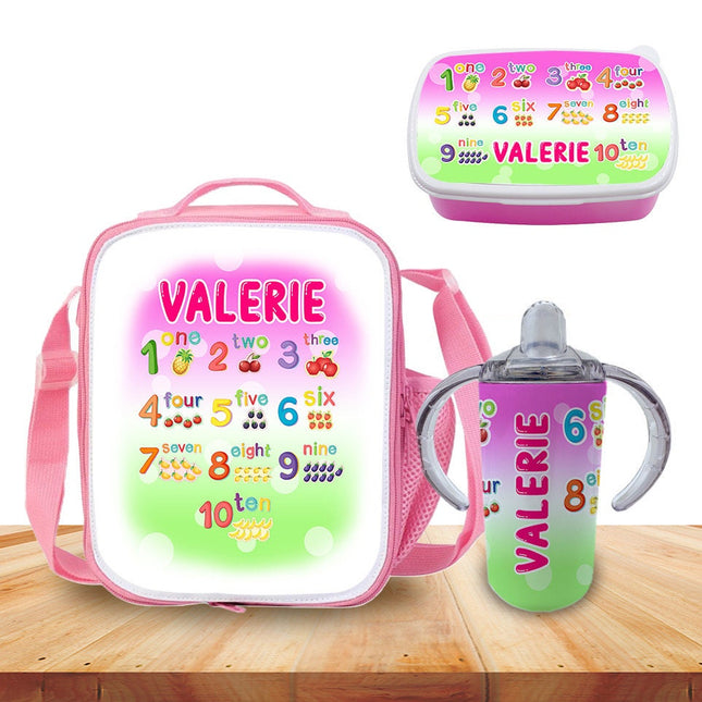 Custom School Kids Bundle Insulated Lunch Bag Snack Box Sippy Cup Bottle Personalized Toddler Set Count Numbers Kinder Math