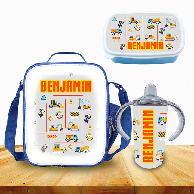 Custom School Kids Bundle Insulated Lunch Bag Snack Box Sippy Cup Bottle Personalized Toddler Set Construction Trucks