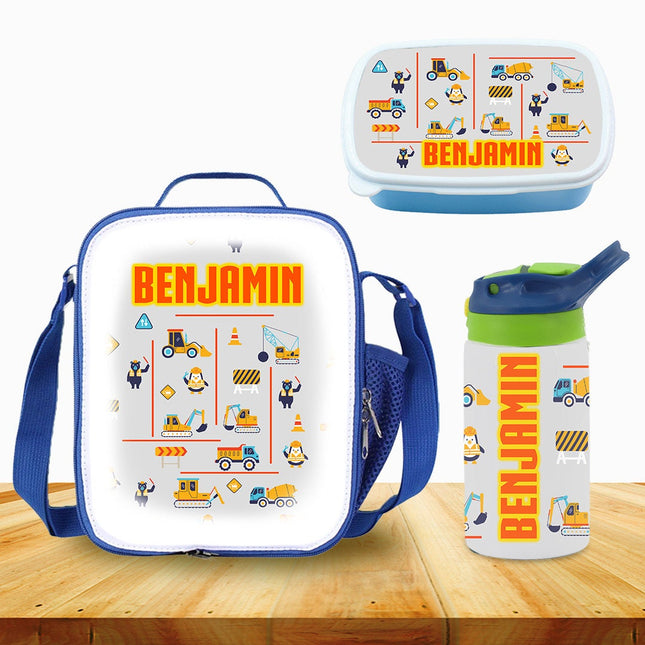 Custom School Kids Bundle Insulated Lunch Bag Snack Box Sippy Cup Bottle Personalized Toddler Set Construction Trucks