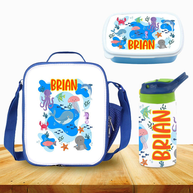 Custom School Kids Bundle Insulated Lunch Bag Snack Box Sippy Cup Bottle Personalized Toddler Set Under the Sea Ocean