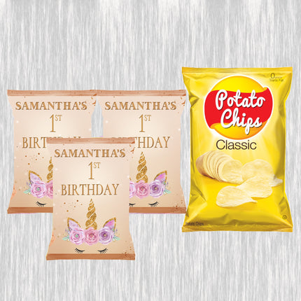 Unicorn Face Chip Bags Label for Kids Birthday Party Favor Decor, Stickers or Finished Options