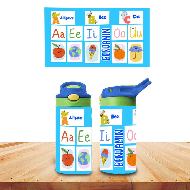 Custom Kids Water Bottle Personalized Toddler Insulated Tumbler 12oz ABC Vowels