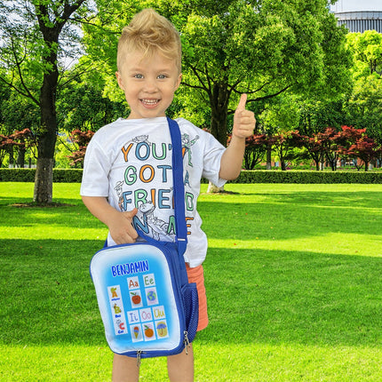 Custom Kids Lunch Bag with Strap Personalized School Insulated Picnic Box ABC Vowels