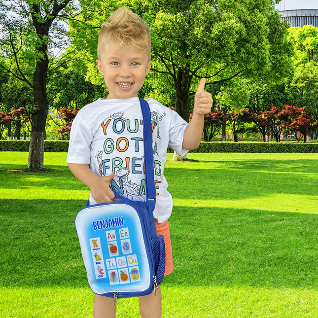 Custom Kids Lunch Bag with Strap Personalized School Insulated Picnic Box ABC Vowels