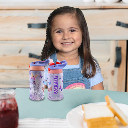 Custom Kids Water Bottle Personalized Toddler Insulated Tumbler 12oz Butterfly Flowers