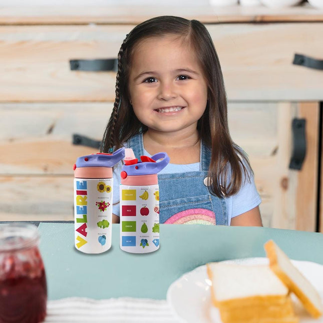 Custom Kids Water Bottle Personalized Toddler Insulated Tumbler 12oz Learning Colors