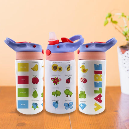 Custom Kids Water Bottle Personalized Toddler Insulated Tumbler 12oz Learning Colors