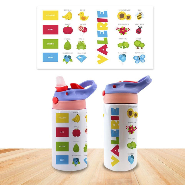 Custom Kids Water Bottle Personalized Toddler Insulated Tumbler 12oz Learning Colors