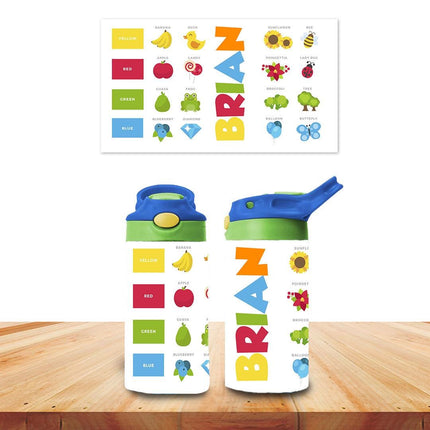Custom Kids Water Bottle Personalized Toddler Insulated Tumbler 12oz Learning Colors