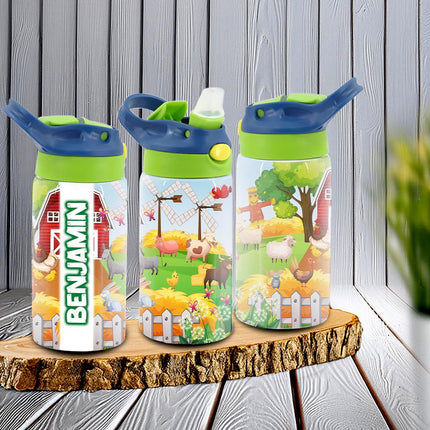 Custom Kids Water Bottle Personalized Toddler Insulated Tumbler 12oz Farm Barn Animals