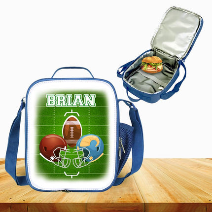 Custom Kids Lunch Bag with Strap Personalized School Insulated Picnic Box Football Sports Team