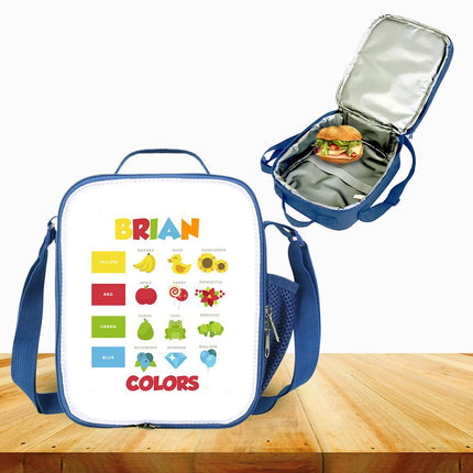 Custom Kids Lunch Bag with Strap Personalized School Insulated Picnic Box Learning Colors