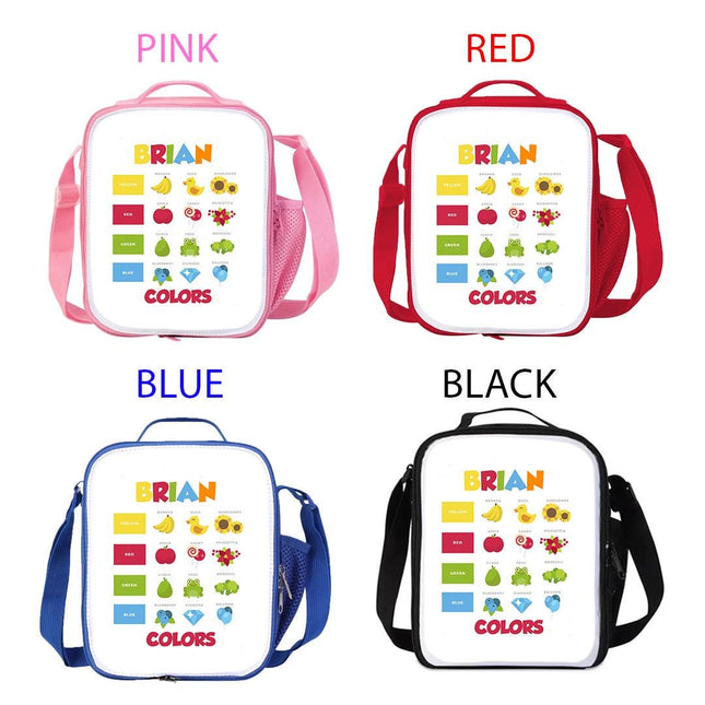 Custom Kids Lunch Bag with Strap Personalized School Insulated Picnic Box Learning Colors