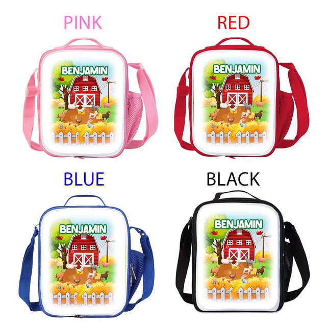 Custom Kids Lunch Bag with Strap Personalized School Insulated Picnic Box Farm Barn Animals