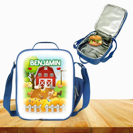 Custom Kids Lunch Bag with Strap Personalized School Insulated Picnic Box Farm Barn Animals