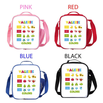 Custom Kids Lunch Bag with Strap Personalized School Insulated Picnic Box Learning Colors