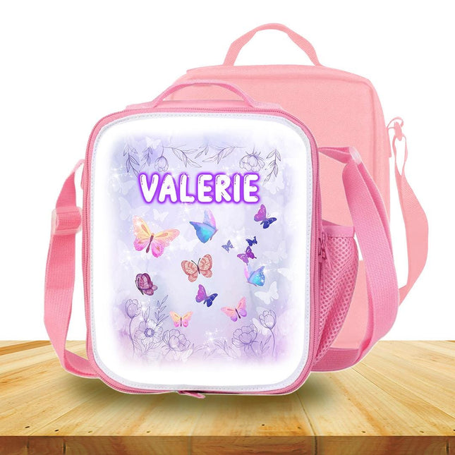 Custom Kids Lunch Bag with Strap Personalized School Insulated Picnic Box Butterfly Flowers