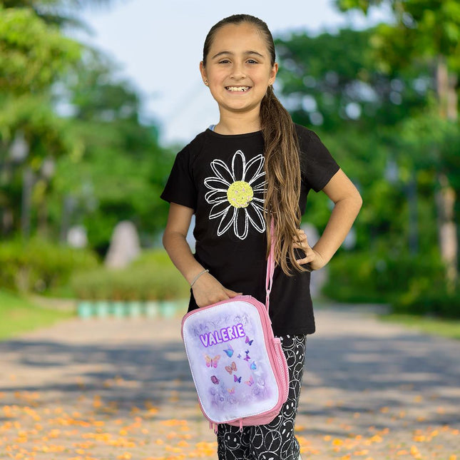 Custom Kids Lunch Bag with Strap Personalized School Insulated Picnic Box Butterfly Flowers