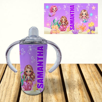 Custom Kids Sippy Cup Personalized Toddler Insulated Tumbler 12oz Bottle Mermaids Under the Sea