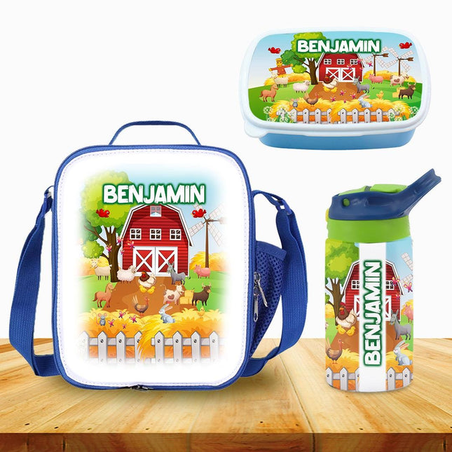 Custom School Kids Bundle Insulated Lunch Bag Snack Box Sippy Cup Bottle Personalized Toddler Set Farm Barn Animals