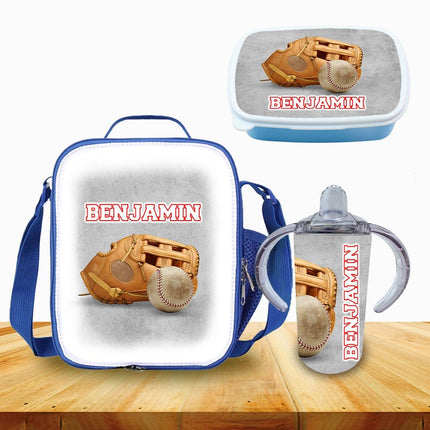 Custom School Kids Bundle Insulated Lunch Bag Snack Box Sippy Cup Bottle Personalized Toddler Set Beisbol Sports Team