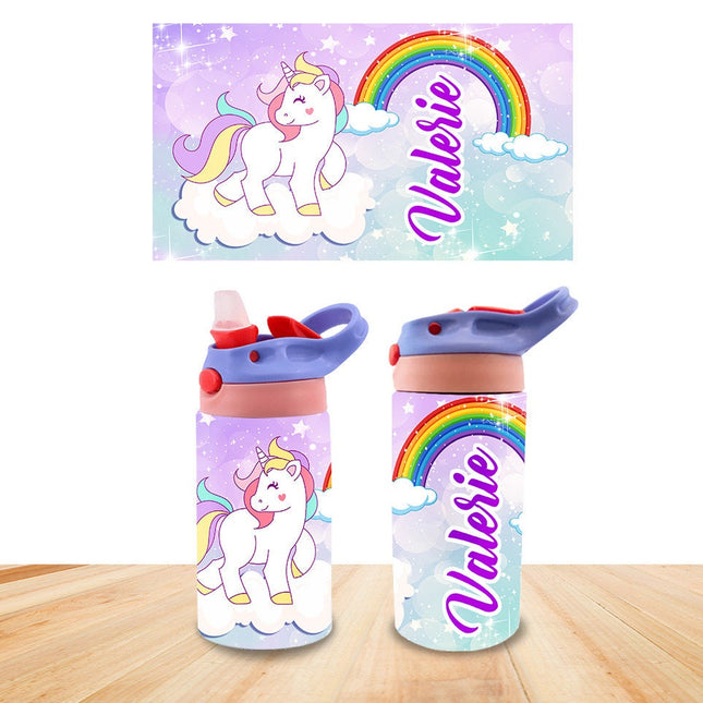 Custom Kids Water Bottle Personalized Toddler Insulated Tumbler 12oz Magic Unicorn Rainbow
