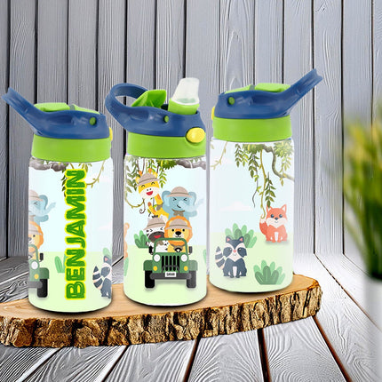 Custom Kids Water Bottle Personalized Toddler Insulated Tumbler 12oz Jungle Baby Safari Animals
