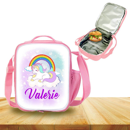 Custom Kids Lunch Bag with Strap Personalized School Insulated Picnic Box Magic Unicorn Rainbow