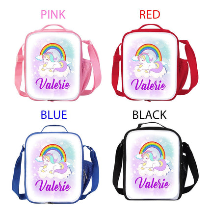 Custom Kids Lunch Bag with Strap Personalized School Insulated Picnic Box Magic Unicorn Rainbow