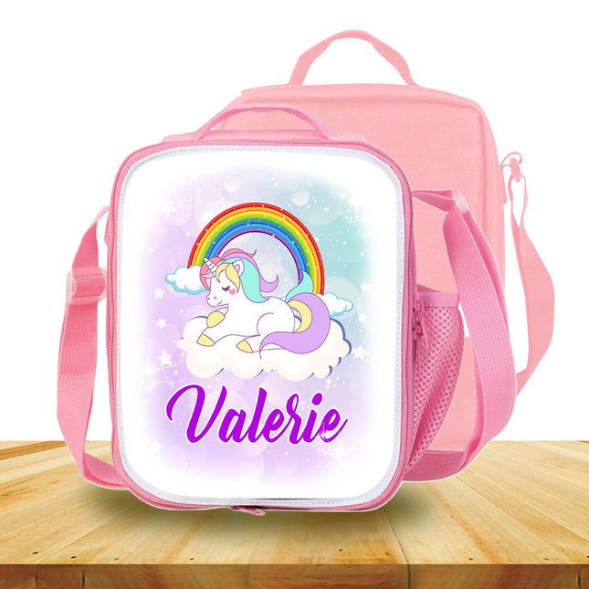 Custom Kids Lunch Bag with Strap Personalized School Insulated Picnic Box Magic Unicorn Rainbow