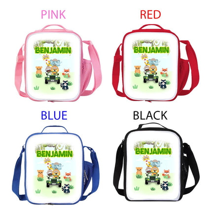 Custom Kids Lunch Bag with Strap Personalized School Insulated Picnic Box Jungle Safari Baby Animals