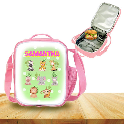 Custom Kids Lunch Bag with Strap Personalized School Insulated Picnic Box Jungle Safari Baby Animals