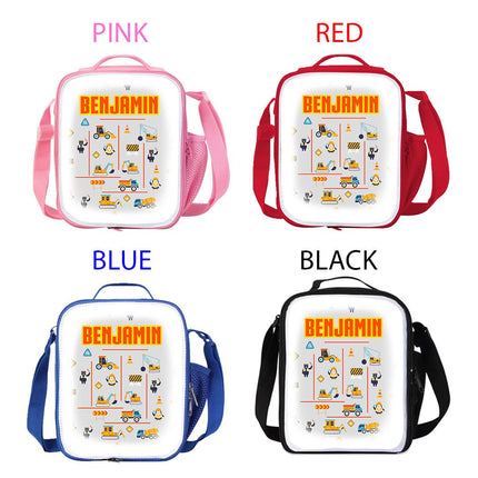 Custom Kids Lunch Bag with Strap Personalized School Insulated Picnic Box Construction Trucks