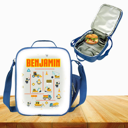 Custom Kids Lunch Bag with Strap Personalized School Insulated Picnic Box Construction Trucks