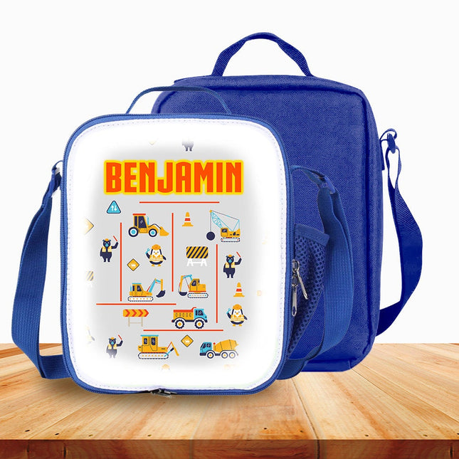 Custom Kids Lunch Bag with Strap Personalized School Insulated Picnic Box Construction Trucks
