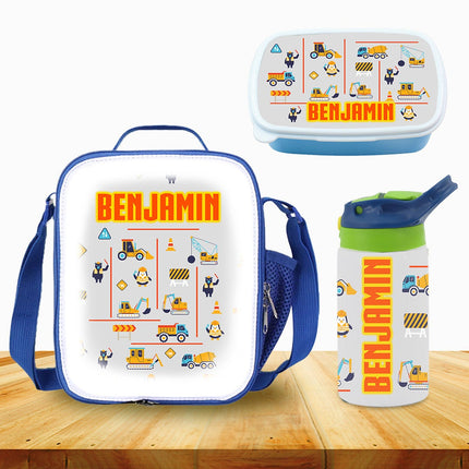 Custom Kids Lunch Bag with Strap Personalized School Insulated Picnic Box Construction Trucks