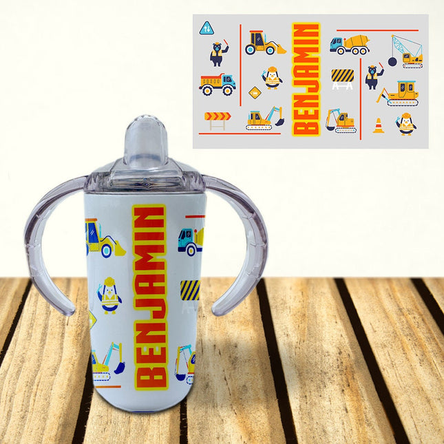 Custom Kids Sippy Cup Personalized Toddler Insulated Tumbler 12oz Bottle Construction Trucks