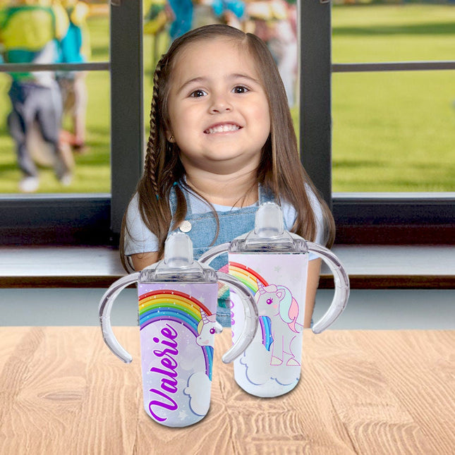Custom Kids Sippy Cup Personalized Toddler Insulated Tumbler 12oz Bottle Magic Unicorn Rainbow