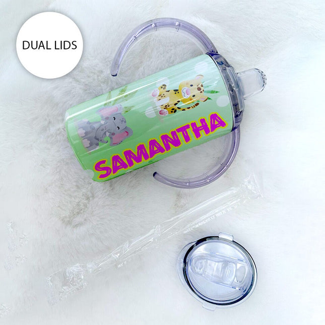 Custom Kids Sippy Cup Personalized Toddler Insulated Tumbler 12oz Bottle Jungle Safari Baby Animals