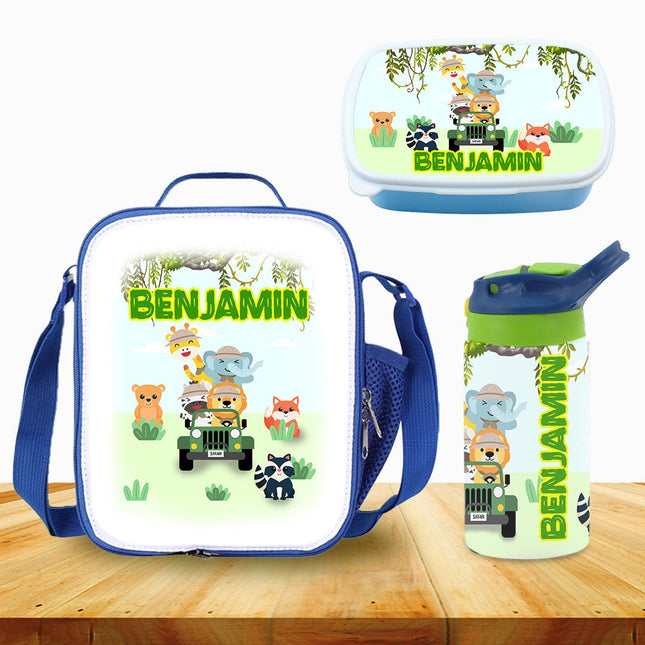 Custom School Kids Bundle Insulated Lunch Bag Snack Box Sippy Cup Bottle Personalized Toddler Set Jungle Baby Safari Animals